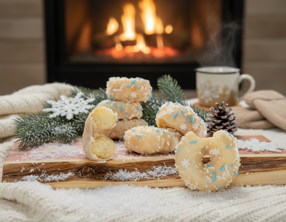 Gluten Free Mini Donuts with white glaze and blue sprinkles on a wooden board in front of a fireplace.