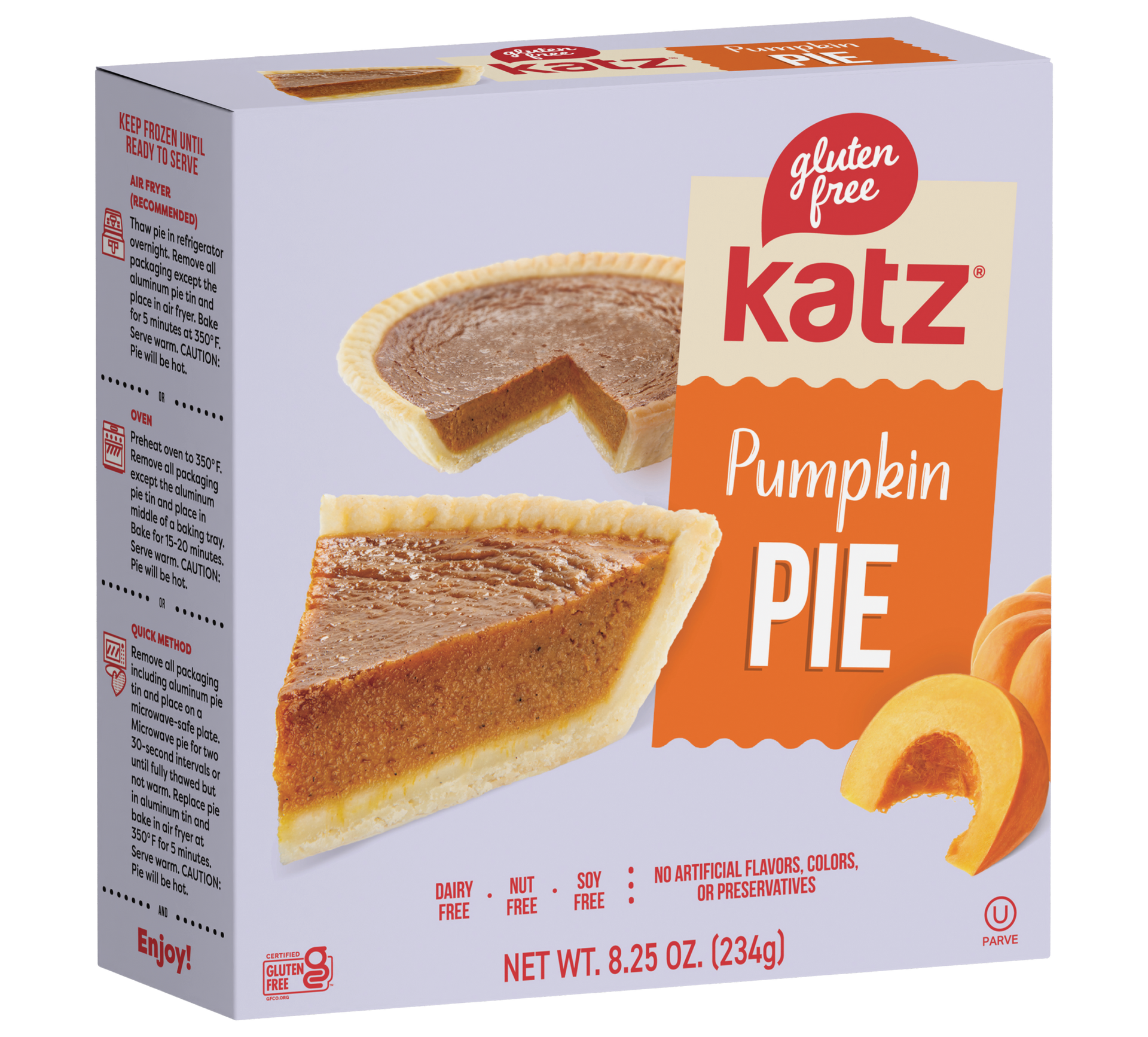 Katz gluten-free pumpkin pie box with images of the pie on a white background